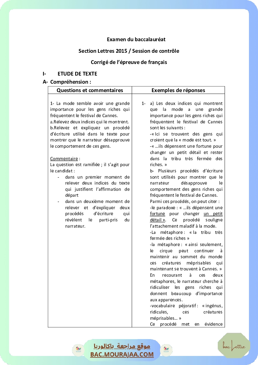Corrigé controle francais Bac 2015 – Section lettre